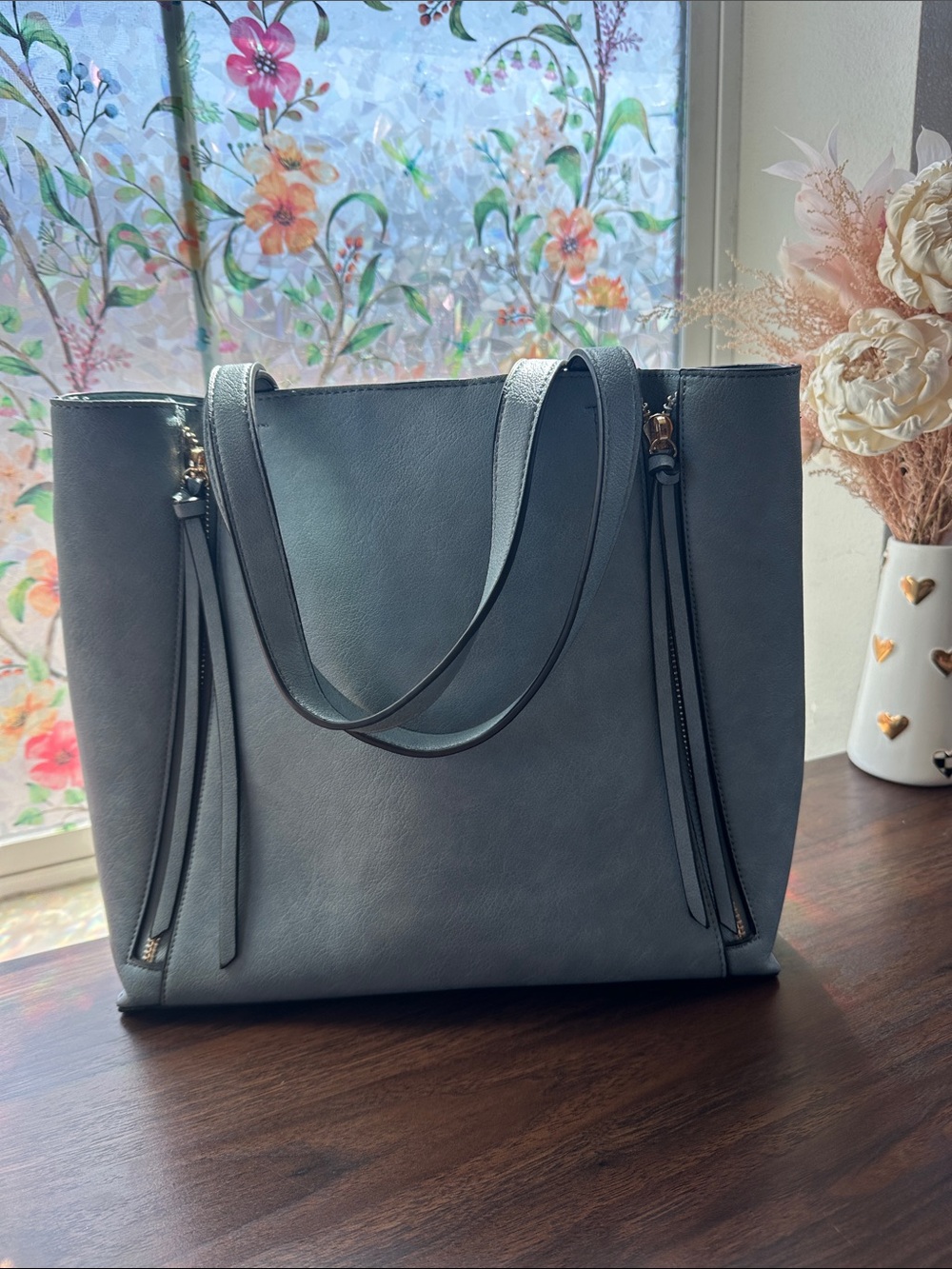 Boutique luxe soft leather tote, rare find blue gray, gold hardware
